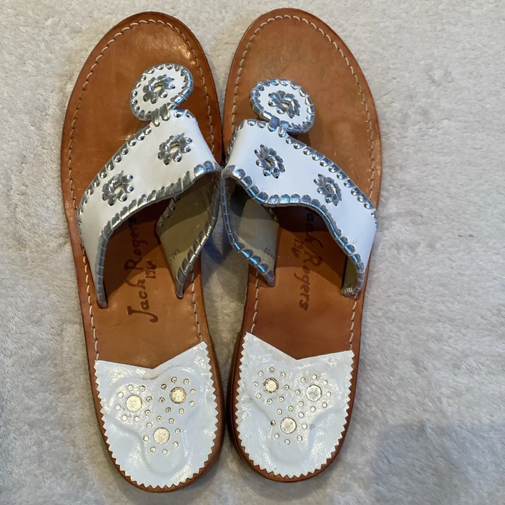 Jack Rogers Navajo White silver whipstitch leather sandals Sz 10 M - Picture 7 of 9